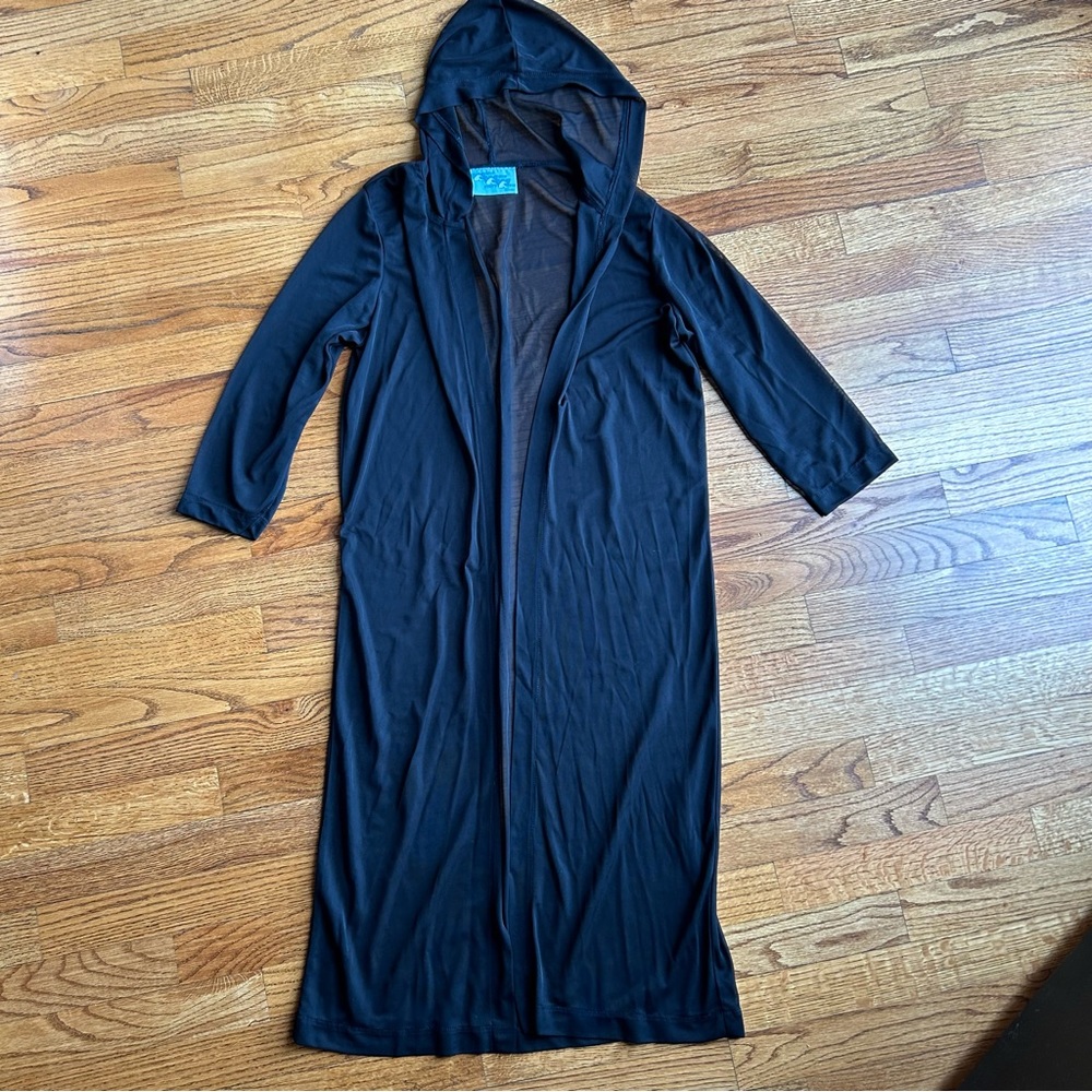 Black sheer swimsuit cover-up with hood & 3/4 sleeves.